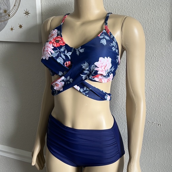 Women Wrap Bikini Swimsuit High Waisted Crisscross Swimwear  Blue M - Picture 1 of 8